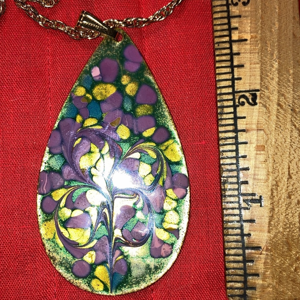 NECKLACE, reversible gt signed, enamel on metal 2 1/2” teardrop $25